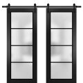 Sturdy Double Barn Door with Frosted Glass | Planum 2132 Chocolate Ash and Aluminum Strips | 13FT Rail Hangers Heavy Set | Modern Solid Panel Interior Doors-56" x 84" (2* 28x84) Black Matte
