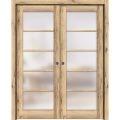 French Double Pocket Doors | Quadro 4002 White Silk with Frosted Opaque Glass | Kit Trims Rail Hardware | Solid Wood Interior Pantry Kitchen Bedroom Sliding Closet Sturdy Door-72" x 84" (2* 36x84) Oak