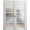 Solid French Double Doors Frosted Glass | Quadro 4002 Ginger Ash | Wood Solid Panel Frame Trims | Closet Bedroom Sturdy Doors -72" x 80" (2* 36x80) Light Grey Oak