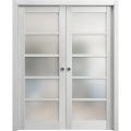 French Double Pocket Doors | Quadro 4002 White Silk with Frosted Opaque Glass | Kit Trims Rail Hardware | Solid Wood Interior Pantry Kitchen Bedroom Sliding Closet Sturdy Door-72" x 84" (2* 36x84) Light Grey Oak