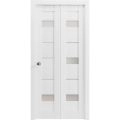 Sliding Closet Bi-fold Doors | Quadro 4055 White Silk with Frosted Glass | Sturdy Tracks Moldings Trims Hardware Set | Wood Solid Bedroom Wardrobe Doors  White