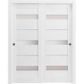 Sliding Closet Bypass Doors with hardware | Quadro 4055 White Silk with Frosted Glass | Sturdy Rails Moldings Trims Set | Kitchen Lite Wooden Solid Bedroom Wardrobe Doors  White