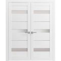 French Double Panel Lite Doors with Hardware | Quadro 4055 White Silk with Frosted Glass | Panel Frame Trims | Bathroom Bedroom Interior Sturdy Door White