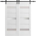 Sliding Double Barn Doors with Hardware | Quadro 4055 White Silk with Frosted Glass | 13FT Rail Sturdy Set | Kitchen Lite Wooden Solid Panel Interior Bedroom Bathroom Door White