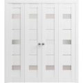 Sliding Closet Double Bi-fold Doors | Quadro 4055 White Silk with Frosted Glass | Sturdy Tracks Moldings Trims Hardware Set | Wood Solid Bedroom Wardrobe Doors  White