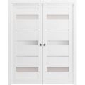 French Double Pocket Doors | Quadro 4055 White Silk with Frosted Glass | Kit Trims Rail Hardware | Solid Wood Interior Pantry Kitchen Bedroom Sliding Closet Sturdy Door White