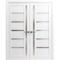 Solid French Double Doors | Quadro 4088 Cognac Oak with Frosted Glass | Wood Solid Panel Frame Trims | Closet Bedroom Sturdy Doors  White