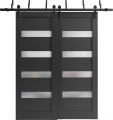 Barn Bypass Doors 84 x 84 with 6.6ft Hardware | Quadro 4113 Matte Black with Frosted Opaque Glass | Sturdy Heavy Duty Rails Kit Steel Set | Double Sliding Lite Panel Door Black Matte