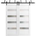 Barn Bypass Doors 84 x 84 with 6.6ft Hardware | Quadro 4113 Matte Black with Frosted Opaque Glass | Sturdy Heavy Duty Rails Kit Steel Set | Double Sliding Lite Panel Door White
