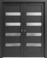 French Double Pocket Doors 36 x 84 with Frames | Quadro 4113 Matte Black with Frosted Opaque Glass | Kit Trims Rail Hardware | Solid Wood Interior Pantry Kitchen Bedroom Sliding Closet Sturdy Door Black Matte