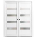 French Double Pocket Doors 36 x 84 with Frames | Quadro 4113 Matte Black with Frosted Opaque Glass | Kit Trims Rail Hardware | Solid Wood Interior Pantry Kitchen Bedroom Sliding Closet Sturdy Door White