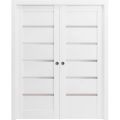 French Double Pocket Doors | Quadro 4117 White Silk with Frosted Glass | Kit Trims Rail Hardware | Solid Wood Interior Pantry Kitchen Bedroom Sliding Closet Sturdy Door White