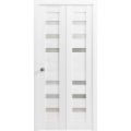 Sliding Closet Bi-fold Doors | Quadro 4266 White Silk with Frosted Glass | Sturdy Tracks Moldings Trims Hardware Set | Wood Solid Bedroom Wardrobe Doors  White