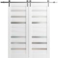 Sturdy Double Barn Door | Quadro 4266 White Silk with Frosted Glass | Silver 13FT Rail Hangers Heavy Set | Solid Panel Interior Doors White