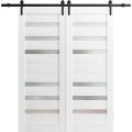 Sturdy Double Barn Door | Quadro 4266 White Silk with Frosted Glass | 13FT Rail Hangers Heavy Set | Solid Panel Interior Doors White