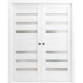 Sliding French Double Pocket Doors | Quadro 4266 White Silk with Frosted Glass | Kit Trims Rail Hardware | Solid Wood Interior Bedroom Sturdy Doors White