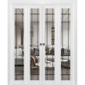 Sliding Closet Double Bi-fold Doors | Lucia 2266 White Silk with Clear Glass and Aluminum Strips | Sturdy Tracks Moldings Trims Hardware Set | Wood Solid Bedroom Wardrobe Doors White