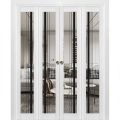 Sliding Closet Double Bi-fold Doors | Lucia 2566 White Silk with Clear Glass and Aluminum Strips | Sturdy Tracks Moldings Trims Hardware Set | Wood Solid Bedroom Wardrobe Doors White