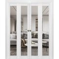 Sliding Closet Double Bi-fold Doors | Lucia 2666 White Silk with Clear Glass and Aluminum Strips | Sturdy Tracks Moldings Trims Hardware Set | Wood Solid Bedroom Wardrobe Doors -72" x 84" (4* 18x84) White