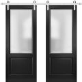 Sturdy Double Barn Door with | Lucia 22 Matte Black with Frosted Glass | Silver 13FT Rail Hangers Heavy Set | Solid Panel Interior Doors Black Matte