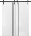 Sliding Double Barn Doors with Hardware | Planum 0016 Matte Grey and Aluminum Strips | 13FT Rail Hangers Sturdy Set | Modern Solid Panel Interior Hall Bedroom Bathroom Door White
