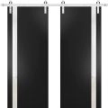 Sturdy Double Barn Door | Planum 0040 Grey Oak with Black Glass | Silver 13FT Rail Hangers Heavy Set | Solid Panel Interior Doors Black Matte