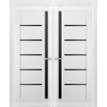 Solid French Double Doors | Quadro 4588 White Silk with Black Glass | Wood Solid Panel Frame Trims | Closet Bedroom Sturdy Doors-84" x 96" (2* 42x96)-Black Glass White