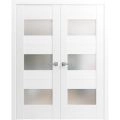 Solid French Double Doors Opaque Glass / Sete 6003 White Silk / Wood Solid Panel Frame / Closet Bedroom Modern Doors -36" x 80" White