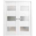 Sliding French Double Pocket Doors 84 x 80 inches Opaque Glass / Sete 6003 White Silk / Kit Rail Hardware / MDF Interior Bedroom Modern Doors White