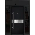 Front Exterior Prehung Steel Door / Deux 6072 Black Enamel / 2 Sidelight and Transom Window Sidelite / Entry Metal Modern Painted W12+36+12" x H80+16" Right hand Inswing Black