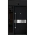 Front Exterior Prehung Steel Door / Deux 6072 Black Enamel / Sidelight and Transom Window Sidelite / Entry Metal Modern Painted W36+12" x H80+16" Right hand Inswing Black