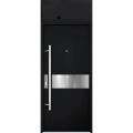 Front Exterior Prehung Steel Door / Deux 6072 Black Enamel / Transom Window Sidelite / Entry Metal Modern Painted W36" x H80+16" Right hand Inswing Black