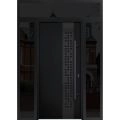 Front Exterior Prehung Steel Door / Deux 6078 Black Enamel / 2 Sidelight and Transom Window Sidelite / Entry Metal Modern Painted W12+36+12" x H80+16" Left hand Inswing Black