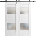 Modern Double Barn Door with 2 Lites / Sete 6222 / 13FT Rail Track Set / Solid Panel Interior Doors-36" x 80" White