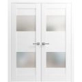 Solid French Double Doors Opaque Glass 2 Lites / Sete 6222 White Silk / Wood Solid Panel Frame / Closet Bedroom Modern Doors -36" x 80" White