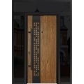 Front Exterior Prehung Steel Door / Deux 6678 Natural Oak / 2 Sidelight and Transom Window Sidelite / Entry Metal Modern Painted W14+36+14" x H80+16" Right hand Inswing Oak
