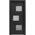 Sliding French Pocket Door with Frosted Glass | Sete 6933 Light Grey Oak | Kit Trims Rail Hardware | Solid Wood Interior Bedroom Sturdy Doors-18" x 80" Black Matte
