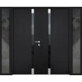 Front Exterior Prehung Aluminum Double Doors / Cynex 6777 Grey / 2 Sidelights / Mirrored Clear Glass Modern Painted 96x96 (W12+72+12" x H96") Right hand Inswing Black