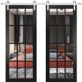Sturdy Double Barn Door 12 lites | Felicia 3355 Matte White with Clear Glass | Silver 13FT Rail Hangers Heavy Set | Solid Panel Interior Doors Black Matte