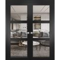 Solid French Double Doors | Lucia 2555 Matte Black with Clear Glass | Wood Solid Panel Frame Trims | Closet Bedroom Sturdy Doors Black Matte