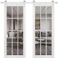 Sturdy Double Barn Door 12 lites | Felicia 3355 Matte White with Clear Glass | Silver 13FT Rail Hangers Heavy Set | Solid Panel Interior Doors White