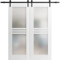 Modern Double Barn Door 4 Lites / Mela 7222 Matte White with Frosted Glass / 13FT Rail Track Set / Solid Panel Interior Doors White