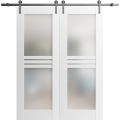 Modern Double Barn Door 4 Lites / Mela 7222 Matte White with Frosted Glass / 13FT Rail Track Set / Solid Panel Interior Doors-36" x 80" White