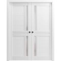 Sliding French Double Pocket Doors with Frosted Glass | Veregio 7288 Matte Grey | Kit Trims Rail Hardware | Solid Wood Interior Bedroom Sturdy Doors-36" x 96" (2* 18x96) White