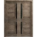 Sliding French Double Pocket Doors with Frosted Glass | Veregio 7288 Matte Grey | Kit Trims Rail Hardware | Solid Wood Interior Bedroom Sturdy Doors-36" x 96" (2* 18x96) Cognac Oak