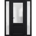Front Exterior Prehung FiberGlass Door Frosted Glass / Manux 8422 White Silk / 2 Sidelight Exterior Windows / Office Commercial and Residential Doors Entrance Patio Garage-W12+36+12" x H80"-Right-hand Inswing Black