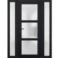 Front Exterior Prehung FiberGlass Door Frosted Glass / Manux 8552 Matte Black / 2 Sidelight Exterior Windows / Office Commercial and Residential Doors Entrance Patio Garage-W12+30+12" x H80"-Right-hand Inswing Black
