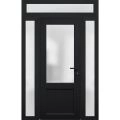 Front Exterior Prehung FiberGlass Door Frosted Glass / Manux 8422 Matte Black / 2 Sidelight and Transom Window / Office Commercial and Residential Doors Entrance Patio Garage-W12+36+12" x H80+14"-Left-hand Inswing Black