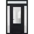 Front Exterior Prehung FiberGlass Door Frosted Glass / Manux 8422 White Silk / 2 Sidelight and Transom Window / Office Commercial and Residential Doors Entrance Patio Garage-W12+36+12" x H80+14"-Right-hand Inswing Black