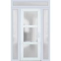 Front Exterior Prehung FiberGlass Door Frosted Glass / Manux 8552 Matte Black / 2 Sidelight and Transom Window / Office Commercial and Residential Doors Entrance Patio Garage-W14+30+14" x H80+14"-Left-hand Inswing White